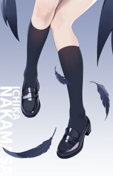 1girl absurdres black_feathers black_shoes black_socks black_wings blue_archive character_name chinese_commentary commentary_request feathered_wings feathers feet foot_focus gradient_background grey_background highres ichika_(blue_archive) kneehighs legs loafers painterliuhao shoes socks solo wings