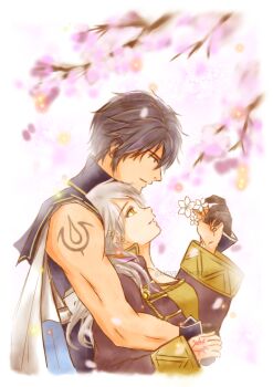 1boy 1girl ahoge arm_tattoo black_gloves blue_hair brand_of_the_exalt breasts chrom_(fire_emblem) collarbone couple eyelashes falling_petals female_robin_(fire_emblem) fire_emblem fire_emblem_awakening flower from_side gloves hand_tattoo hands_up highres holding holding_flower intelligent_systems leaning_on_person long_hair long_sleeves looking_at_another looking_down looking_up medium_breasts moverabbit0305 muscular_arms neck no_gloves outdoors petals profile shirt short_hair sidelocks sleeveless sleeveless_shirt standing swept_bangs tattoo toned toned_male tree twintails upper_body white_hair wide_sleeves yellow_eyes