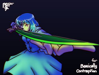 Rule 34 | 1girl, black background, blue eyes, blue hair, blue shirt, blue skirt, commentary, commission, commissioner name, cowboy shot, english commentary, frilled sleeves, frills, glowing, glowing sword, glowing weapon, green light, green sword, heterochromia, highres, holding, holding sword, holding weapon, in shadow, inspecting, long sleeves, medium hair, outstretched arm, red eyes, redlerred7, shirt, signature, simple background, skirt, solo, sword, tatara kogasa, terraria, touhou, weapon