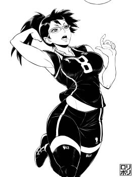 1girl :o absurdres armpits ball black_shorts breasts glasses greyscale haikyuu!! highres jamrolypoly medium_breasts midriff_peek mole mole_under_mouth monochrome ponytail shimizu_kiyoko shorts smile solo thighhighs volleyball volleyball_(object) white_background