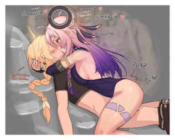 1boy 1girl aether_(genshin_impact) age_difference ahoge armlet armpit_crease arms_around_neck assertive_female backless_leotard bare_shoulders blonde_hair blush border bottomless braid braided_ponytail breast_press breasts brown_shirt citlali_(genshin_impact) clothed_sex commentary cowgirl_position crop_top detached_sleeves earrings english_commentary english_text eyelashes faceless faceless_male facial_mark feet_out_of_frame femdom from_side genshin_impact girl_on_top gradient_hair grey_background hair_ornament half-closed_eyes head_hug hetero highres hug implied_sex jewelry kiss large_breasts leaning_forward leotard long_hair long_sleeves looking_at_another lying motion_lines multicolored_hair nail_polish no_bra onee-shota pink_hair pink_pupils plap purple_eyes purple_hair purple_leotard purple_nails purple_sleeves ribbed_leotard ribbed_sleeves saliva sex shirt shota side_braid sideboob sideless_outfit simple_background straddling straight_hair sweat thigh_marking v-shaped_eyebrows valenthania white_background white_border