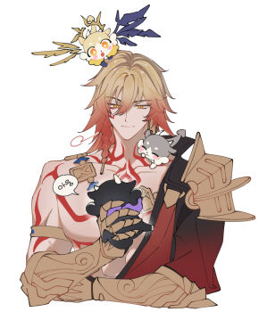 1boy abs arm_tattoo armlet black_coat blonde_hair braid chest_tattoo chimera_(honkai:_star_rail) clawed_gauntlets coat creature earrings facial_tattoo flame_reaver_of_the_deepest_dark gold_earrings gold_necklace gradient_hair highres holding holding_creature honkai:_star_rail honkai_(series) jewelry male_focus medium_hair multicolored_hair mydei_(fig_stew)_(honkai:_star_rail) mydei_(honkai:_star_rail) necklace open_clothes open_coat phainon_(honkai:_star_rail) phainon_(khaslana)_(honkai:_star_rail) red_hair red_tattoo side_braid simple_background solo stroooooxo tattoo toned toned_male white_background yellow_eyes