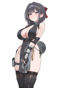 1girl absurdres arm_behind_back bandaged_arm bandages bare_shoulders black_dress black_gloves black_thighhighs blue_eyes blush bow breast_cutouts breasts center_opening cleavage closed_mouth commentary_request cosplay covering_privates curvy deep_skin dress earrings embarrassed female_rover_(wuthering_waves) female_rover_(wuthering_waves)_(cosplay) frown furrowed_brow gloves groin hair_bow hair_intakes hair_ornament hairclip hand_on_own_crotch heart heart_hair_ornament highres huge_breasts jewelry korean_commentary large_breasts long_hair looking_at_viewer narrow_waist nervous_sweating no_bra no_panties pangu_terminal_(wuthering_waves) parallel_hairclips partially_fingerless_gloves pelvic_curtain pouch print_dress red_bow revealing_clothes rover_(wuthering_waves) sangobob shirayuki_hina shy side-tie_dress sideboob sidelocks simple_background single_earring skindentation sleeveless solo standing stellive sweat sweatdrop tassel thick_thighs thigh_pouch thigh_strap thighhighs thighs triangle_earrings virtual_youtuber white_background wuthering_waves