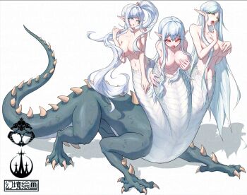 3girls blue_eyes breasts centauroid chimera chinese_commentary claws collarbone commentary_request commission completely_nude conjoined convenient_hair covering_one_breast covering_privates full_body genkyopainting hair_between_eyes large_breasts leaning_forward long_hair looking_at_viewer monster_girl multiple_girls navel nude open_mouth original parted_bangs parted_lips pointy_ears red_eyes scales shadow side_ponytail sidelocks standing stomach tail taur tongue tongue_out very_long_hair watermark white_hair white_scales yellow_eyes