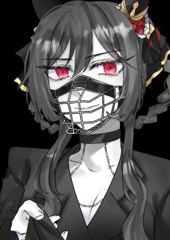 1girl 1other absurdres animal_ears b_lt black_background black_jacket black_suit braid braided_hair_rings breasts cleavage formal_clothes gentildonna_(umamusume) hair_between_eyes hair_ornament hair_rings highres horse_ears horse_girl jacket light_smile long_hair looking_at_viewer muzzle_(mask) pov pulling_another&#039;s_clothes red_eyes simple_background suit umamusume