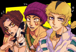 Rule 34 | 3boys, animal print, beanie, blonde hair, blue eyes, brothers, choker, cleavage cutout, clothing cutout, constricted pupils, cow print, donatello versus, earrings, facial mark, hand on another&#039;s shoulder, hat, highres, jewelry, jojo no kimyou na bouken, male focus, multiple boys, numbered, open mouth, pectoral cleavage, pectorals, purple hair, rikiel, sharp teeth, short twintails, siblings, stone ocean, suspenders, swampland, sweatdrop, teeth, twintails, ungaro, yellow eyes
