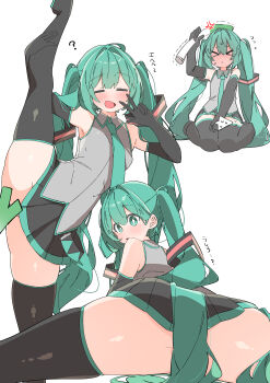 >_< 1girl :d =_= ? absurdres anger_vein aqua_eyes aqua_hair aqua_trim ass black_gloves black_skirt blush bright_pupils censored closed_eyes collared_shirt commentary_request convenient_censoring convenient_hair crying cursor elbow_gloves facing_viewer feet_out_of_frame flying_sweatdrops food from_behind full_body gloves grey_shirt hair_ornament hatsune_miku highres holding holding_food holding_own_leg holding_spring_onion holding_vegetable imminent_attack long_hair looking_at_viewer looking_back master_(vocaloid) miniskirt multiple_views novelty_censor open_mouth pleated_skirt shirt simple_background sitting skindentation skirt sleeveless sleeveless_shirt smile split spring_onion standing standing_on_one_leg standing_split straight-on streaming_tears sweatdrop teardrop tears thick_thighs thighs translation_request trembling twintails uruti_2388 vegetable very_long_hair vocaloid w wariza white_background white_pupils
