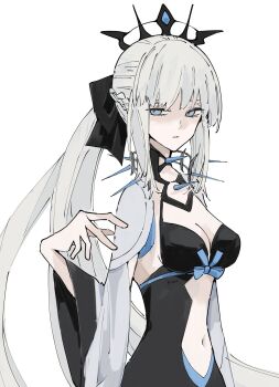 1girl black_bow black_tiara blue_eyes bow braid breasts cleavage commentary_request fate/grand_order fate_(series) hair_between_eyes hair_bow half_up_braid highres ki_wa001 long_hair looking_at_viewer morgan_le_fay_(fate) morgan_le_fay_(third_ascension)_(fate) ponytail simple_background solo spikes tiara very_long_hair white_background white_hair