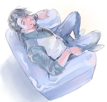 1boy black_necktie brown_eyes brown_hair chair collared_shirt facial_hair from_above fsz_tb goatee grey_pants grey_shirt grin highres kaburagi_t._kotetsu looking_at_viewer looking_up male_focus necktie pants parted_hair shirt shoes simple_background sitting smile solo tiger_&amp;_bunny vest white_background white_vest wing_collar