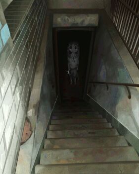 Rule 34 | 1girl, :d, azumanga daiou, blood, blood on clothes, commentary, dark, doorway, english commentary, handrail, highres, holding, holding knife, holding weapon, horror (theme), kasuga ayumu, kayawva, knife, long sleeves, looking at viewer, medium hair, open mouth, skirt, smile, solo, sparkle, stairs, standing, tareme, weapon