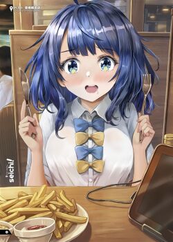 1girl aqua_eyes blue_bow blue_bowtie blue_hair bow bowtie breasts collared_shirt drooling food fork french_fries holding holding_fork holding_knife knife large_breasts looking_at_viewer make_heroine_ga_oo_sugiru! medium_hair open_mouth plate school_uniform shirt solo_focus staryume teeth tsuwabuki_high_school_uniform upper_teeth_only white_shirt yanami_anna yellow_bow yellow_bowtie