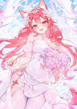 1girl absurdres alllisso animal_ears bad_tag blush bouquet commentary_request dress flower fox_ears frills head_wreath highres lace long_hair off_shoulder outdoors pink_eyes red_hair smile thigh_strap very_long_hair wedding_dress