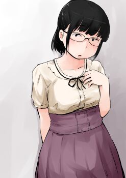 Rule 34 | 1girl, absurdres, arm behind back, black eyes, black hair, brown skirt, glasses, hand up, highres, jimiko, kirinama01, looking at viewer, medium hair, original, shirt, short sleeves, simple background, skirt, white shirt