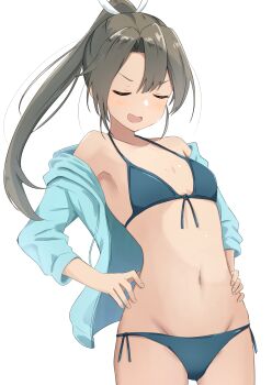 1girl absurdres bikini blue_bikini blue_jacket breasts closed_eyes commentary_request front-tie_bikini_top front-tie_top grey_hair groin halterneck hands_on_own_hips highres hood hooded_jacket jacket jacket_over_swimsuit kantai_collection leaning_forward long_hair navel official_alternate_costume official_alternate_hairstyle open_clothes open_jacket ponytail side-tie_bikini_bottom simple_background small_breasts solo string_bikini sukimizaki swimsuit white_background zuikaku_(kancolle) zuikaku_(swimsuit)_(kancolle) zuikaku_kai_ni_(kancolle)