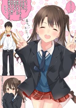 Rule 34 | 1boy, 1girl, belt, black belt, black hair, black jacket, black pants, blue necktie, blue sweater vest, blush, bow, bowtie, brown eyes, brown hair, closed eyes, cosplay, double v, hands up, highres, idolmaster, idolmaster cinderella girls, jacket, jacket on shoulders, lapels, leg up, long hair, necktie, notched lapels, one side up, open clothes, open jacket, open mouth, pants, plaid clothes, plaid skirt, producer (idolmaster), producer (idolmaster cinderella girls anime), producer (idolmaster cinderella girls anime) (cosplay), red bow, red bowtie, red skirt, shimamura uzuki, shimamura uzuki (cosplay), shirt, short hair, skirt, smile, speech bubble, standing, sweater vest, teeth, tktk135, translation request, upper teeth only, v, white shirt