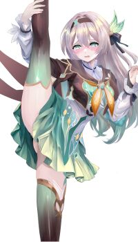 1girl black_hairband black_ribbon black_thighhighs blush commentary_request convenient_censoring crossed_bangs embarrassed firefly_(honkai:_star_rail) gradient_hair gradient_thighhighs green_eyes green_hair green_skirt green_thighhighs grey_hair grey_shirt hair_between_eyes hair_intakes hair_ribbon hairband highres honkai:_star_rail honkai_(series) leg_lift leg_up long_hair long_sleeves miniskirt miyashirokiyu multicolored_hair pleated_skirt revision ribbon shirt simple_background skirt solo split standing standing_on_one_leg standing_split thighhighs wavy_mouth white_background