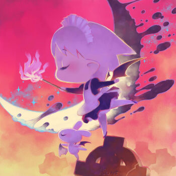 1girl apron archived_source artist_name backlighting bat_wings black_dress black_shoes black_sleeves black_wings blonde_hair chibi chibi_only chris_the_vampire closed_eyes commentary crescent_moon dress duster english_commentary english_text eyelashes high_heels holding holding_duster holding_napkin juliet_sleeves leg_up long_sleeves maid maid_apron maid_headdress medium_hair moon original petticoat pointy_ears profile puffy_sleeves rabbit red_background shoes short_dress sparkle standing standing_on_one_leg tanaka_kunihiko tombstone usa-q vampire warm_colored white_apron white_headdress white_rabbit_(animal) wings yellow_moon