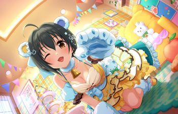 Rule 34 | 1girl, ahoge, animal ears, animal hands, armlet, bell, black hair, breasts, ceiling light, chair, cleavage, english text, fangs, flag, game cg, hair intakes, hair ornament, idolmaster, idolmaster cinderella girls, idolmaster cinderella girls starlight stage, indoors, jewelry, kneeling, kohinata miho, official art, one eye closed, open mouth, picture frame, plate, stuffed animal, stuffed toy, table, teddy bear, window, yellow eyes