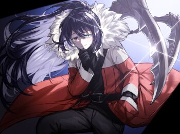 1boy aqua_eyes black_eyes black_gloves black_hair black_pants closed_mouth cowboy_shot gloves hand_in_pocket hand_up high_ponytail highres hong_lu_(project_moon) hook hook_office_(identity)_(project_moon) jacket limbus_company long_hair long_sleeves orange_jacket pants ponytail project_moon smile solo upi_(ukn18pkanother) very_long_hair