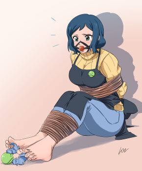 1girl absurdres apron arms_behind_back ball_gag barefoot bdsm blue_eyes blue_hair bondage bound bound_ankles denim feet gag gagged gundam gundam_build_fighters highres improvised_gag iori_rinko jeans lost_one_zero mature_female pants rope sitting sweat sweater tickling turtleneck turtleneck_sweater