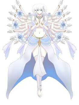 Rule 34 | 1girl, absurdres, armlet, blue eyes, breasts, buddhism, colored skin, extra arms, extra faces, female focus, flower, guanyin, highres, jewelry, large breasts, lotus, multiple faces, multiple heads, pale skin, senju kannon, tagme, three heads, white hair, white skin, wide hips, yinmale