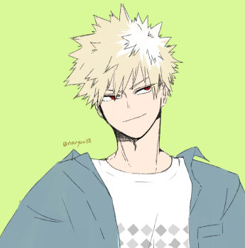 Rule 34 | 1boy, bakugou katsuki, blonde hair, blue jacket, boku no hero academia, closed mouth, commentary request, crew neck, green background, jacket, long neck, looking to the side, male focus, navyou38, patterned clothing, sanpaku, shirt, short hair, simple background, smirk, solo, spiked hair, twitter username, upper body, white shirt