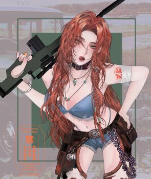 1girl collar gun hand_on_own_hip highres holding holding_gun holding_weapon korryn_(path_to_nowhere) leaning_forward licking_lips long_hair path_to_nowhere solo tongue tongue_out uncle_024 very_long_hair weapon