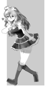 1girl absurdres blush boots breasts closed_mouth commentary_request greyscale hair_between_eyes hat heart highres igarashi_mangou index_finger_raised kantai_collection knee_boots long_hair long_sleeves looking_at_viewer medium_breasts mini_hat monochrome pantyhose pola_(kancolle) simple_background skirt solo walking