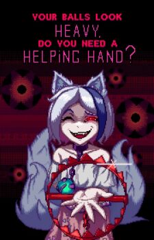 1girl animal_ears bear_trap chain english_text goshatkach grey_hair mitsugashira_enoko multicolored_hair multiple_tails neck_chain one_eye_closed pixel_art shine short_hair tail touhou two-tone_hair unfinished_dream_of_all_living_ghost