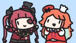 2girls animated black_eyes black_headwear blue_background chef_hat chibi eyepatch green_hair hat hololive hololive_english holotalk houshou_marine mini_hat multicolored_hair multiple_girls one_eye_covered open_mouth orange_hair red_hair smile takanashi_kiara talking twintails video virtual_youtuber walfie waving_arms