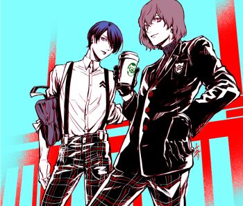 Rule 34 | 2boys, akechi gorou, bag, blue hair, bookbag, brown hair, cup, disposable coffee cup, disposable cup, gloves, jack frost (megami tensei), jacket, kitagawa yuusuke, male focus, multiple boys, pants, persona, persona 5, plaid clothes, plaid pants, saitou rokuro, school uniform, shuujin academy school uniform, starbucks, suspenders