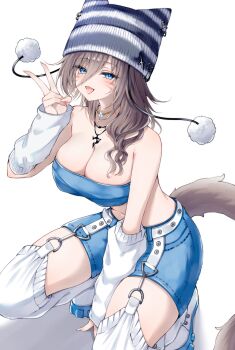 1girl animal_ears bare_shoulders beanie blue_shorts blue_tube_top breasts cat_ears cat_girl cat_tail cleavage commentary detached_sleeves earflap_beanie facial_mark final_fantasy final_fantasy_xiv hat highres jewelry large_breasts looking_at_viewer miqo&#039;te navel necklace pom_pom_(clothes) pom_pom_hat_ornament sana_(sanamaru_0w0) shoes shorts simple_background solo squatting strapless tail thighhighs tube_socks tube_top v warrior_of_light_(ff14) whisker_markings white_background white_shoes white_sleeves