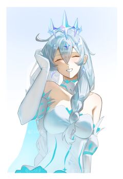 1girl absurdres ahoge bare_shoulders blue_background breasts chinese_commentary commentary_request dress gloves highres honkai_(series) honkai_impact_3rd kiana_kaslana kiana_kaslana_(divine_prayer) kiana_kaslana_(winter_princess) large_breasts lingyu64182 long_hair official_alternate_costume simple_background smile solo tiara very_long_hair white_background white_dress white_gloves white_hair