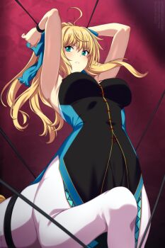 1girl ahoge armpits arms_up bare_shoulders black_dress blonde_hair blue_bow blue_eyes bound bound_wrists bow breasts centaur commentary cowboy_shot dress english_commentary hair_between_eyes hair_bow highres large_breasts lindaroze long_hair monster_girl multiple_legs paid_reward_available parted_lips ponytail princess_x proxima_(princess_x) restrained sidelocks sleeveless sleeveless_dress solo standing standing_on_three_legs taur