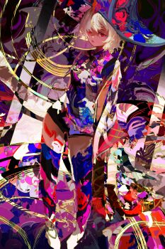 1girl abstract_background absurdres colorful commentary dark_skin english_commentary expressionless hat highres kevin_adi original red_eyes short_hair standing white_hair wizard_hat