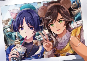 2boys animal_ears aqua_hat blunt_ends brown_hair brown_hairband commentary_request cup disposable_cup drinking_straw drinking_straw_in_mouth fake_animal_ears fox_ears genshin_impact green_eyes hairband hat holding holding_cup jewelry male_focus mickey_mouse_ears multicolored_hair multiple_boys necklace open_mouth purple_eyes purple_hair scaramouche_(cat)_(genshin_impact) scaramouche_(genshin_impact) scarf sethos_(genshin_impact) short_hair smile streaked_hair sweater ukikasa19021 v wanderer_(genshin_impact) white_hair white_sweater yellow_scarf