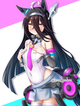 1girl ahoge animal_ears bare_shoulders black_hair blush breasts closed_mouth commentary_request cosplay covered_navel detached_sleeves grey_hairband grey_leotard grey_skirt grey_sleeves hair_between_eyes hairband highleg highleg_leotard highres horse_ears horse_girl horse_tail leotard long_bangs long_hair long_hair_between_eyes looking_at_viewer lowleg lowleg_skirt manhattan_cafe_(umamusume) mihono_bourbon_(mb-19890425)_(umamusume) mihono_bourbon_(umamusume) mihono_bourbon_(umamusume)_(cosplay) multicolored_hair necktie pink_necktie silver_hairband skirt smile solo tail thighhighs umamusume very_long_hair white_hair white_leotard white_thighhighs yellow_eyes yuusen_(aenka)