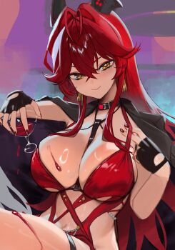 Rule 34 | 1girl, absurdres, alcohol, black gloves, coat, coat on shoulders, dress, evening gown, gloves, goddess of victory: nikke, grey coat, highres, hirosenpai, horns, mechanical horns, navel, official alternate costume, red dress, red hood (nikke), red hood (nonsense red) (nikke), red wine, smile, solo, unfinished, wine, yellow eyes