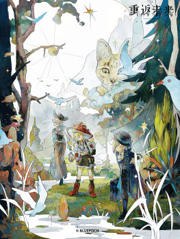 1boy 2girls :o absurdres animal black_boots black_coat black_hat black_pants black_socks blonde_hair blue_eyes boater_hat boots brown_shorts brown_skirt chinese_commentary coat commentary_request copyright_name copyright_notice druvis_iii ezra_theodore forest gloves grey_eyes grey_hair hair_bun hat highres holding holding_suitcase logo long_skirt midriff multiple_girls mushroom_hat nature official_art oversized_animal pants red_boots red_gloves red_hat reverse:1999 serval shirt shorts single_side_bun skirt sky socks sparkle standing suitcase tree vertin_(reverse:1999) watermark web_address white_shirt white_sky