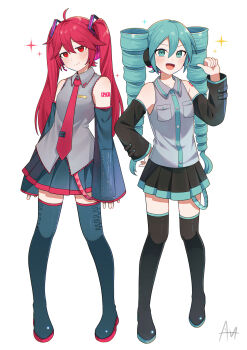 2girls ahoge alternate_costume alternate_hairstyle aqua_eyes aqua_hair aqua_necktie aqua_trim arm_tattoo blush boots breasts collarbone collared_shirt cosplay detached_sleeves drill_hair grey_shirt hair_between_eyes hair_ornament hatsune_miku hatsune_miku_(cosplay) headset highres kasane_teto kasane_teto_(cosplay) kasane_teto_(utau) long_hair long_sleeves looking_at_viewer multiple_girls necktie number_tattoo open_mouth red_eyes red_hair red_necktie red_trim sato_(r017xts117) shirt simple_background small_breasts smile tattoo thigh_boots thighhighs twin_drills twintails utau very_long_hair vocaloid white_background wide_sleeves zettai_ryouiki