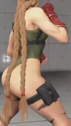 1girl 3d animated ass ass_focus beret blonde_hair braid cammy_white capcom ethick_thighs female_focus fingerless_gloves from_behind game_screenshot gauntlets gloves green_leotard hat highleg highleg_leotard leotard long_hair red_gloves red_hat solo sound street_fighter street_fighter_6 stretching thigh_strap thighs thong_leotard twin_braids video wide_hips