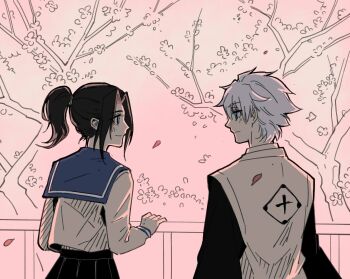 Rule 34 | 1boy, 1girl, black hair, bleach, bleach: sennen kessen-hen, commentary, english commentary, from behind, green eyes, haori, high ponytail, highres, hitsugaya toushirou, japanese clothes, kurosaki karin, long sleeves, petals, ponytail, railing, school uniform, serafuku, shihakusho, silegesi, taichou haori, tree, white hair