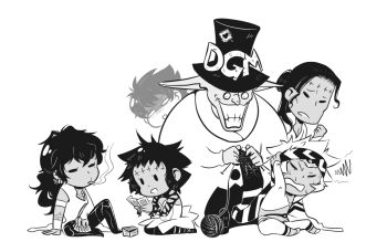 1girl 5boys arm_ribbon armlet asymmetrical_sidelocks belt blank_eyes boots buttons card chibi chibi_only cigarette coat collared_coat collared_shirt commentary cropped_shirt d.gray-man dark-skinned_female dark-skinned_male dark_skin dress ear_piercing english_commentary facial_mark fat fat_man forehead_mark frown glasses greyscale grin hair_between_eyes hair_bun half_updo hand_on_ground hand_on_headwear hat hat_ornament headband holding holding_card jewelry kneeling knitting knitting_needle large_hat long_hair long_shirt long_sleeves looking_at_another looking_at_object low_ponytail millennium_earl mole mole_under_eye monochrome multiple_boys nea_d_campbell needle noah_(d.gray-man) pants parted_bangs parted_lips piercing plaidsheep playing_card pointy_ears ponytail ribbon road_kamelot round_eyewear scar scar_on_arm scar_on_chest sheril_kamelot shirt short_dress short_hair shoulder_ribbon sidelocks simple_background single_sleeve single_wrist_cuff sitting sleeveless sleeveless_dress smile smoke smoking solid_circle_eyes solid_oval_eyes spiked_hair stitched_forehead strapless strapless_dress striped_clothes striped_headband striped_pants sweat sweatdrop thigh_boots third_eye tyki_mikk wavy_hair white_background wisely_kamelot wrist_cuffs wrist_ribbon