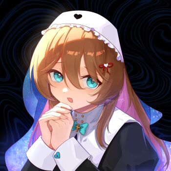 1girl aqua_bow aqua_bowtie black_dress blue_eyes bow bowtie commentary cross cross_necklace dress english_commentary guimpe hair_between_eyes hair_ribbon highres jewelry joy_oops latin_cross long_hair long_sleeves looking_at_viewer necklace neuro-sama nun open_mouth own_hands_clasped own_hands_together ribbon solo vedal_ai veil virtual_youtuber wimple