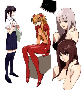 Rule 34 | 4girls, blue eyes, bodysuit, breasts, brown hair, closed mouth, interface headset (evangelion), long hair, looking at viewer, mecha pilot suit, medium breasts, multiple girls, neon genesis evangelion, orange hair, plugsuit (evangelion), rebuild of evangelion, red bodysuit, school uniform, simple background, skirt, smile, souryuu asuka langley, takssmask, test plugsuit (evangelion), thighhighs, white background