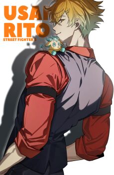 Rule 34 | 1boy, absurdres, aqua eyes, aqua hair, black vest, character name, closed mouth, collared shirt, commentary, copyright name, cosplay, crossed bangs, gradient hair, hair between eyes, hair ornament, highres, jing (0r1 4), kirin-chan (usami rito), lightning bolt, lightning bolt hair ornament, lightning bolt symbol, looking at viewer, looking back, male focus, multicolored eyes, multicolored hair, nijisanji, on shoulder, orange eyes, orange hair, red shirt, shadow, shirt, short hair, simple background, sleeves rolled up, smile, solo, street fighter, street fighter 6, symbol-only commentary, usami rito, vest, virtual youtuber, white background, zangief, zangief (cosplay)