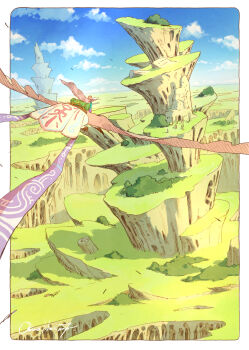 Rule 34 | 1other, border, bush, canyon, cloud, cloudy sky, commentary request, creature, fantasy, flying, highres, katou oswaldo, landscape, original, outside border, plateau, ruins, sky