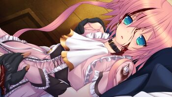 1boy 1girl aqua_eyes ascot black_gloves blood blood_on_clothes blood_on_face blue_eyes collar dress dutch_angle empty_eyes fingerless_gloves game_cg genseishinki_sacred_virth gloves injury long_hair non-web_source official_art pink_dress pink_hair raziel_(sacred_virth) solo_focus tears torn_clothes twintails variant_set yuugure_pairo