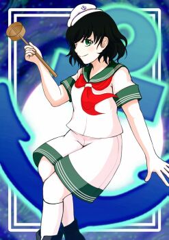 1girl anchor anchor_symbol black_hair blurry blush collared_shirt commentary_request depth_of_field feet_out_of_frame green_eyes hakkaame hat holding holding_ladle ladle looking_at_viewer murasa_minamitsu neckerchief red_neckerchief sailor_collar sailor_hat shirt shoes short_hair short_sleeves shorts smile socks solo touhou white_hat white_shirt white_shoes white_shorts white_socks