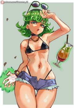 1girl :o aura bikini black_bikini black_choker breasts chain chain_necklace choker cup curly_hair denim denim_shorts drinking_glass earrings eyewear_on_head flipped_hair floating floating_object green_eyes green_hair highleg highleg_bikini highres jewelry looking_at_viewer navel necklace one-punch_man pear-shaped_figure revision ribosoma_42 short_hair short_shorts shorts small_breasts solo sunglasses swimsuit tatsumaki telekinesis wide_hips